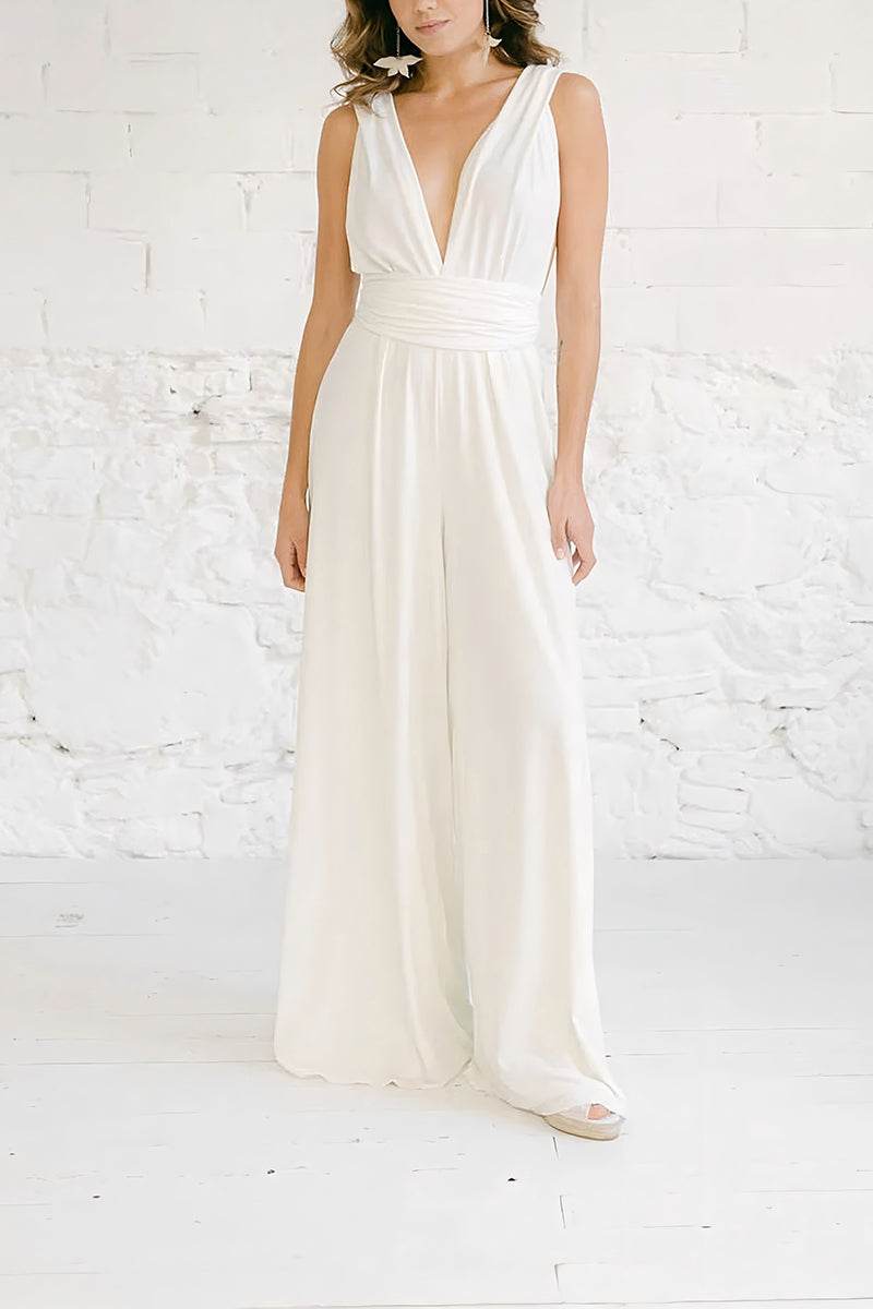 V-Neck Floor Length Chiffon Wedding Jumpsuit CW3585 - COCOMELODY